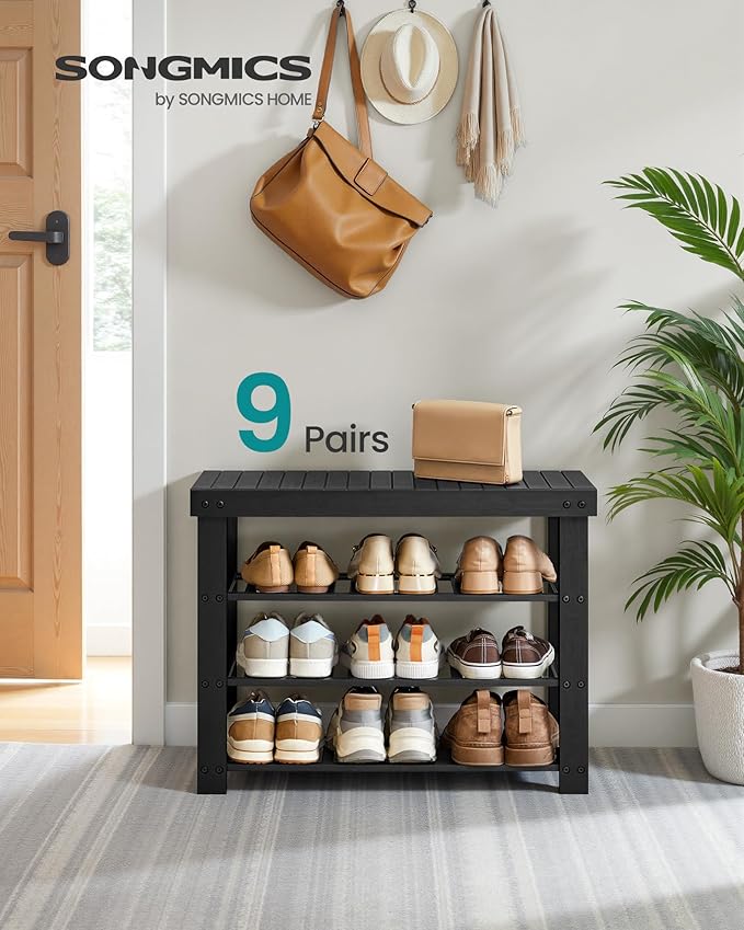 SONGMICS Shoe Rack Bench, 4 Tier Bamboo Shoe Storage Organizer, Entryway Bench, for Living Room, Bathroom, Bedroom, 11.3 x 27.6 x 20.5 Inches, Ink Black ULBS370BH01