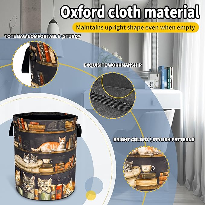 Cat On The Bookshelf Laundry Basket Cute Pet Foldable Waterproof Oxford Cloth Funny Tote Bag Laundry Hamper Clothes Storage Bucket Toy Organizer For Bathroom/Laundry Storage/Bedroom 18.9x16.5 Inch