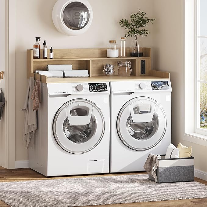 Upgraded 2-Tier Washer and Dryer Countertop with Power Outlet,54" W x 27.6" D Large Laundry Countertop for Fold Clothes, Laundry Topper with Non-Slip Pads & Metal Hooks and Storage Basket