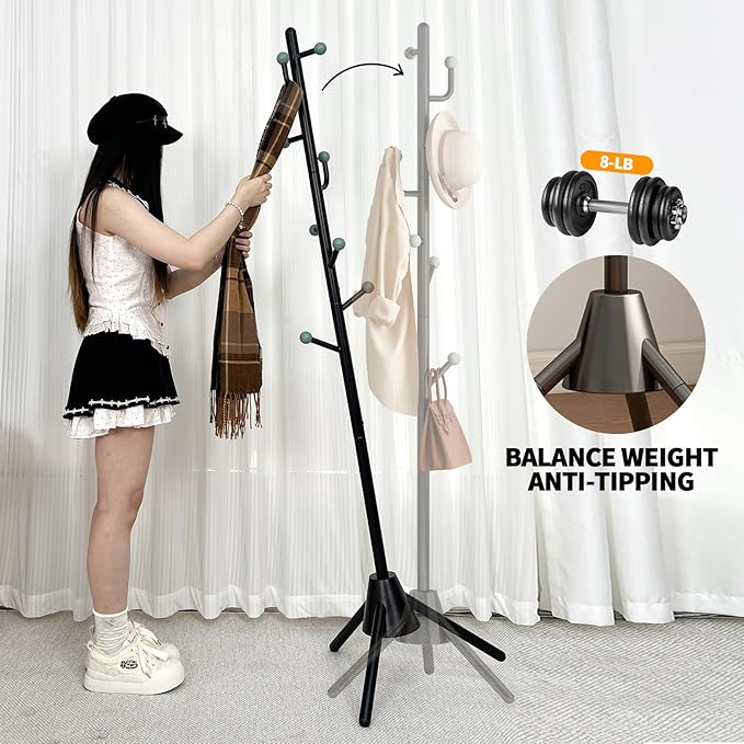Anti-Tip Coat Rack with 8LB Weighted Base, Heavy Duty Metal Coat Rack Freestanding with 8 Hooks, 3 Adjustable Height Sturdy Clothes Rack Space Saving Organizer Stand for Entryway, Bedroom, Office