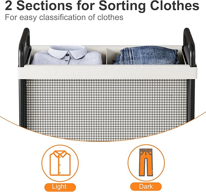 WOWLIVE Laundry Hamper 2 Section, 100L Rolling Laundry Basket with wheels and Removable Liner Bag, Double Laundry Sorter with Metal Handle, Clothes Hamper for Laundry Room, Bathroom and Dorm, Beige