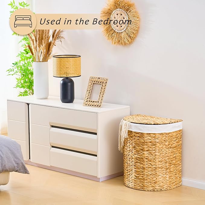 Half Round Wicker Laundry Hamper with Lid and 2 Removable Liner Bags, Handwoven Natural Water Hyacinth Laundry Basket for Dirty Clothes, Natural