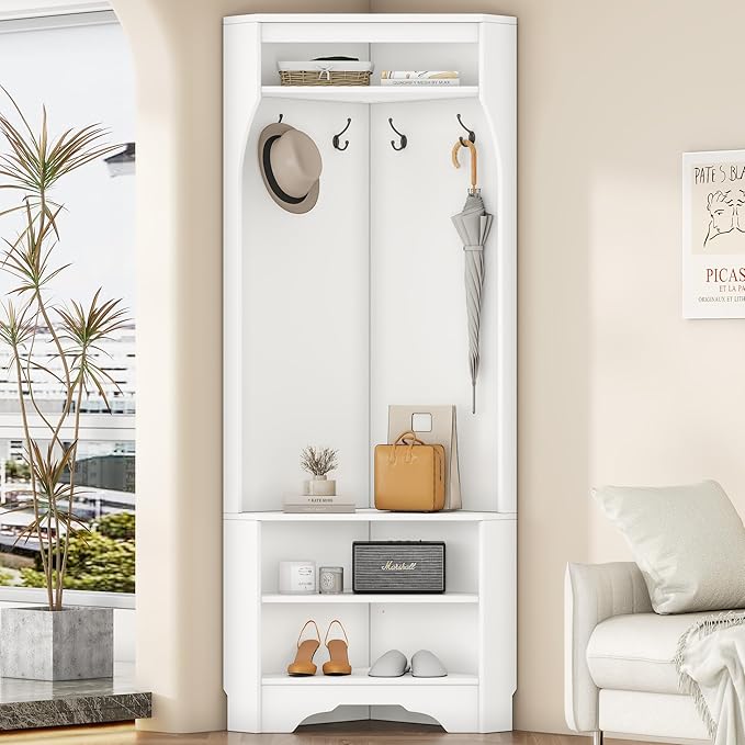 All in One Hall Tree, Minimalist Corner Hall Tree with Shoe Bench, Corner Cabinet with Adjustable Shelf and 4 Hooks, Versatile Entryway Coat Rack for Hallway, Living Room