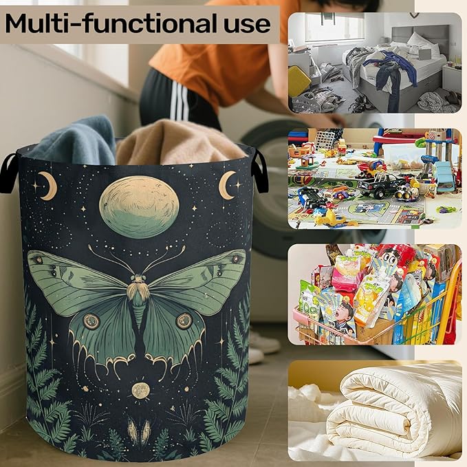Gothic Moon Moth Foldable Laundry Hamper - Waterproof Fabric Storage Basket with Handles, Clothes Hampers for Laundry,Bedroom,Dorm