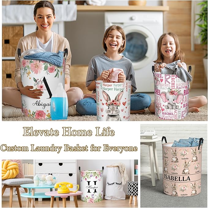 Custom Name Laundry Hamper, Personalized Dinosaur Laundry Basket with Name for Laundry Room Dorm Bedroom, Customized Name Dirty Clothes Hamper with Handles for Clothes Toy Boys Girls Men Women