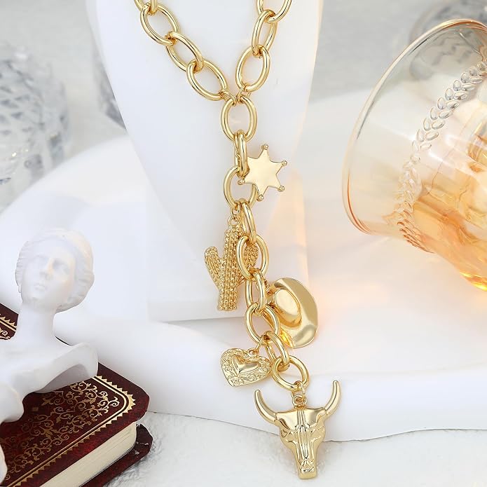Chunky Gold Necklace for Women Gold Evil Eye Cowboy Pendant Necklace Dainty Paperclip Chain Vintage Luck Amulet Choker Necklaces Celestial Jewelry Gift