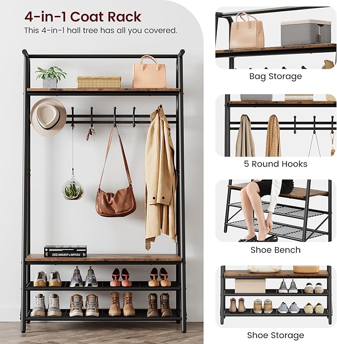 GAOMON Coat Rack, Hall Tree with Shoe Storage Bench, 3-in-1, Multifunctional Hallway Organizer, Shoe Storage with Coat Rack Stand, 5 Hooks, Metal Frame, for Entryway, 35.3 x 39.4 x 72.5