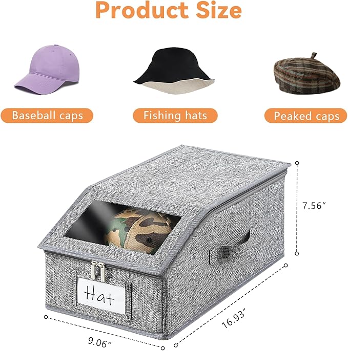 4 Pack Grey Hat Organizer for Baseball Cap, Hat Storage for Closet with Clear Window, Breathable Fabric Hat Box for Snacks, Toys, Socks, Stackable Hat Storage Organizer for Men/Women