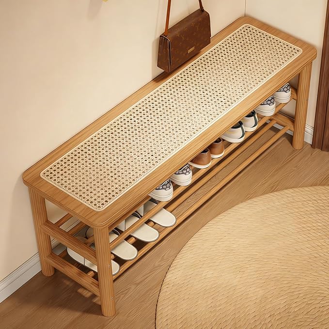 latifolia Shoe Rack Bench, 3-Tier Bamboo Shoe Bench with Breathable Rattan Seat Cushion, Shoe Storage Rack for Entryway(Nautre,39.70''L)