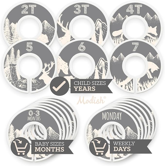 Kids Clothes Closet Organization, Hanging Size Dividers: Months & Years, Baby Toddler Children Girl Boy Neutral Gray Tan Woodland Animal Outdoor Mountain Forest Safari Explorer Nursery Room Décor Gift