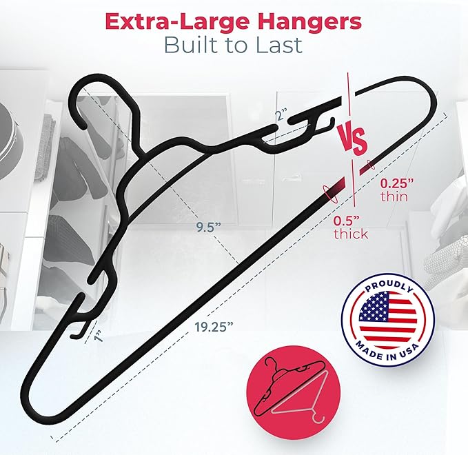 Neaties Large & Wide Heavy Duty Clothes Hangers 50+ Pack (72 Count) – Made in USA – Ideal for Plus Size Clothing – 10lb Plastic Hangers with Notches for Oversized Adult Coats & Pants – Black