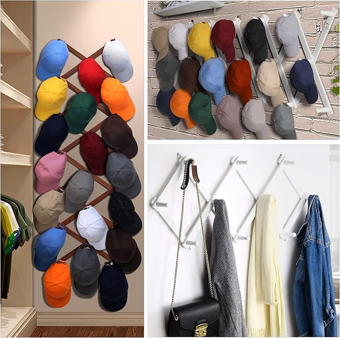 Dseap Accordian Wall Hanger: 16” High Wooden Wall Expandable Coat Rack, Hat Rack Holder, Accordion Hook for Baseball Caps, Coats, Mugs, 14 Peg Hooks, Natural
