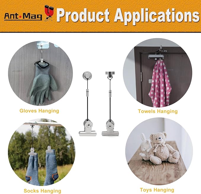 Ant Mag Magnets Clips for Hanging Metal Clips with Strings Perfect for Gloves Towels Hats Organization, Magnetic Clip for Fridge Locker Grill Indoor Outdoor Use 6 Pack
