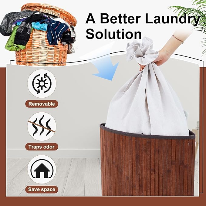 Gueevin Corner Laundry Hamper with Lid and 2 Removable Cloth Liners Bamboo Corner Laundry Basket Collapsible Clothes Basket Storage Bin for Bedroom Bathroom Laundry Living Room (Espresso Color)