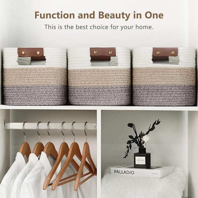 Cotton Rope Basket, Storage Baskets with Handle, 15x10x9 Inch Woven Basket for Shelves, Laundry, Towels, Clothes, Books (Gradient Brown 3 Pack)