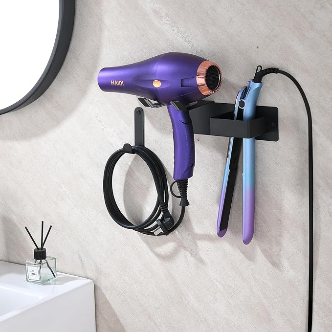 Hair Dryer and Straightener Holder, Upgraded Hair Straightener Holder with Cable Hook, Stainless Steel Universal Hair Dryer Wall Mount Waterproof for Bathroom Space-Saving Black