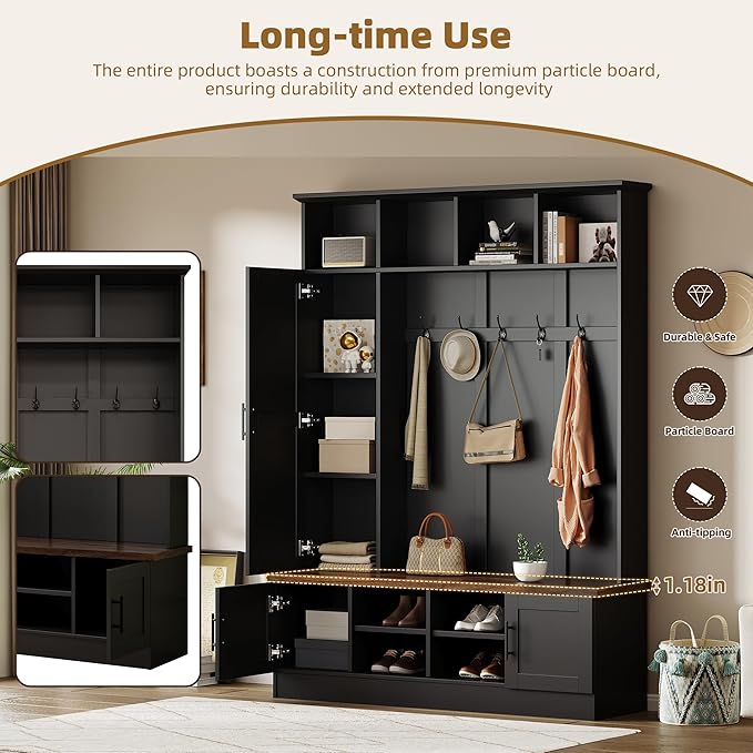 Merax Farmhouse Wood Hall Tree with Shoe Bench and 2 Drawers, 4-in-1 Coat Rack with 6 Hooks for Entrance, Hallway, Mudroom Black