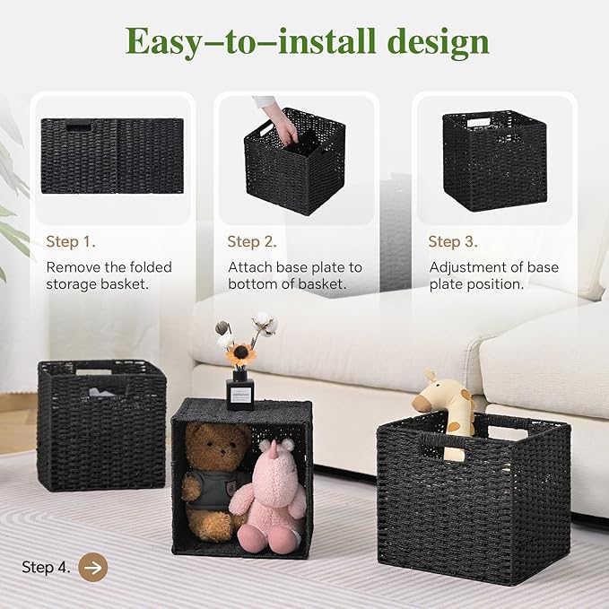 Woven Wicker Storage Baskets 4-Pack, 11x11 Handwoven Paper Rope Organizer Bins, Foldable Cube Storage Cubes with Built-in Handles for Shelves and Closet Organization(Classic Black)