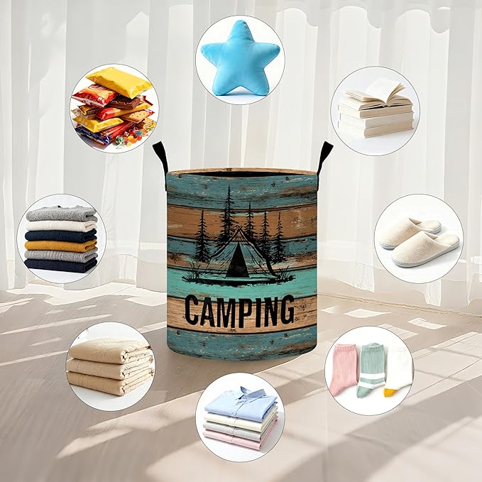 Wood Print Camping Laundry Basket Storage Bin Foldable Laundry Hamper Clothes Storage Bucket Organizer 19.6x15.7 Inch For Laundry Room/Bedroom/Bathroom