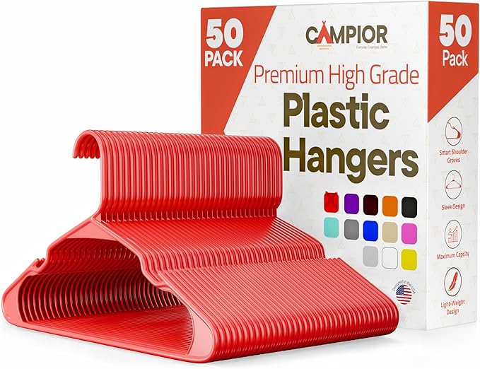 Plastic Clothes Hangers – Heavy Duty Hanger Set, for Organizing Clothes, Dresses, and Coat, Holds Up to 5 lbs, Space-Saving Hangers with Non-Slip Shoulder Grooves, Pack of 50, Red