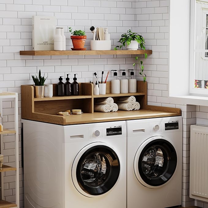 ChooChoo 2-Tier Washer Dryer Countertop with Adjustable Shelf, Spacious Laundry Room Storage for Folding Clothes and Efficient Organization, Rustic Oak