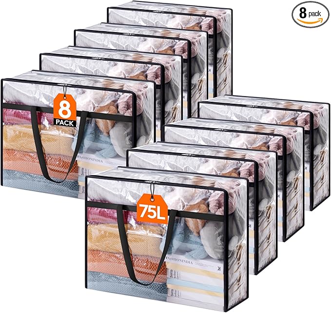 Lifewit 8 Pack Clear Clothes Storage Bags, 75L Large Plastic Blanket Storage, Vinyl Foldable Moving Bags with Zipper, Closet Organizers Containers for Comforter, Bedding, Duvet, Pillow