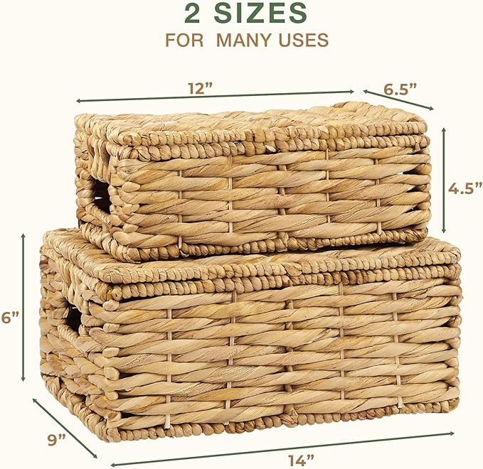 Set of 2 Wicker Baskets with Lid - Decorative Storage Boxes for Home Decor, Shelves - Woven Basket with Lid - Wicker Decor - Rattan Box - Decorative Bins with Lids (Natural)
