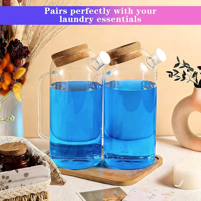 TLY 2 Pack Glass Laundry Detergent Dispenser with Tray,60oz Tilted Spout Laundry Soap Container for Laundry Room Organization Detergent Storage Containers for Powder