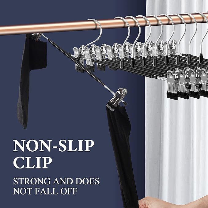 14Inch Black Pants Hangers with Clips for Women 10 Pack Adjustable Heavy Duty Space Saving Skirt Hangers Non-Slip Trousers, Jeans Clothes,Shorts