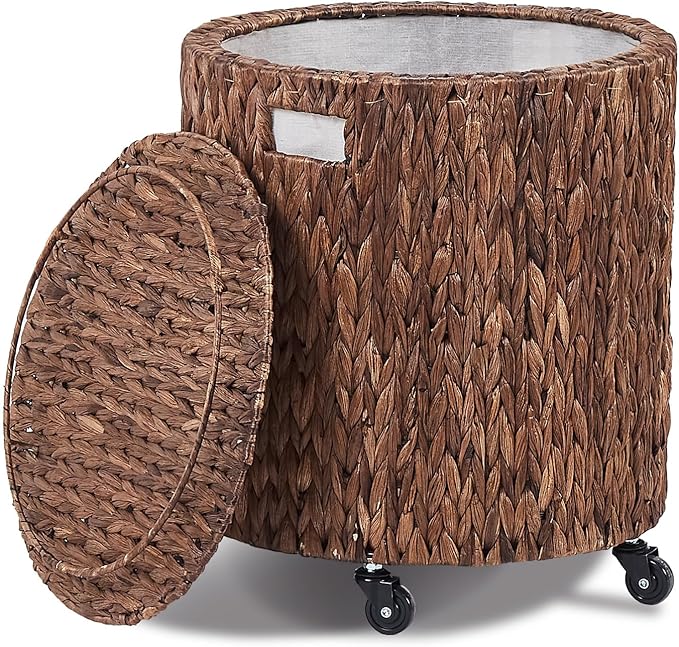 Wimarsbon Vintage Storage Basket, Multipurpose Rolling Hamper With Brakable Wheels and Lid, Braid Laundry Bin, Handwave Clothes Toy Organizer Tote for Living Room