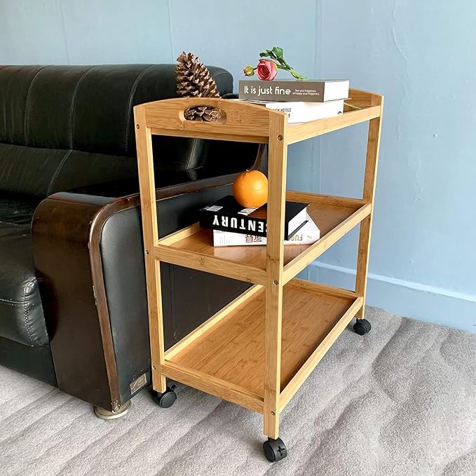 Bamboo Kitchen Storage Rolling Shelf with Wheels, 3 Tier Island Bar Cart, Microwave Oven Serving Organizer for Home, Dining Room, Laundry Room with Lockable Castors