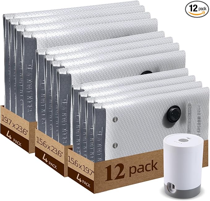 12 Pack Vacuum Storage Bags For Travel With Rechargeable Pump, Compression Packing Bags For Clothes & Blanket Storage, Space Saver Bags For Luggage Suitcase, Ideal For Long Haul Flights