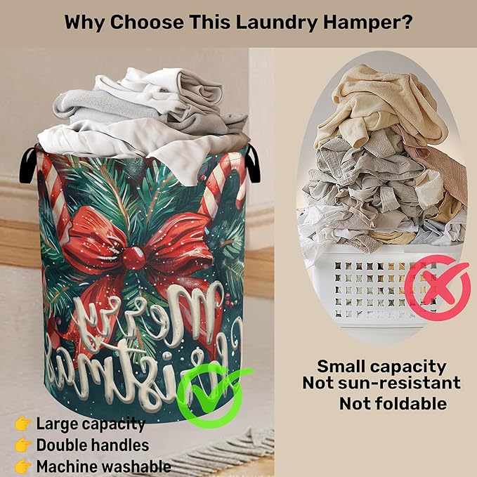 Merry Christmas Laundry Basket - Heavy Duty 60L Dirty Clothes Organizer, Water Resistant Foldable Hamper for Men Women