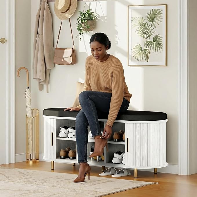 Entryway Bench with Storage: 43.31" Wooden Bedroom Shoe Bench with Thickened Padded Seat Cushion, Mid Century Modern Fluted Sliding Door and Adjustable Shelf, for Entryway, Living Room