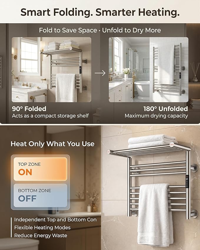 High-Density Foldable Heated Towel Rack, Smart Dual-Zone App/Voice Control Towel Warmer Rack, GFCI Plug-in/Hardwired, Wall-Mount, Drill-Free Install, Brushed, CA3-700X550-Ultra-S