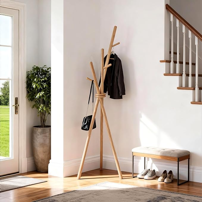 VICITON Wooden Coat Rack, Tripod Coat Tree Freestanding with 3 Hooks for Clothes, Hats and Handbags, Coat Hanger Stand for Bedroom, Living Room, Entryway (Light)