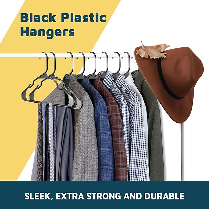 Lifemaster Plastic Clothes Hanger Set - 50 Pieces Versatile, Lightweight, Space-Saving, Non-Slip, Slim Designed, Dry and Wet Clothes Hanger Set - Black