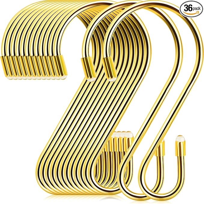 Hotop 36 Pcs S Hooks for Hanging 3.15 Inch Heavy Duty S Shaped Stainless Steel Hook Metal Hanging Curtain Hooks Pan Pot Holder Rack for Pot, Pan, Cups, Plants, Bags, Jeans, Towels(Gold)