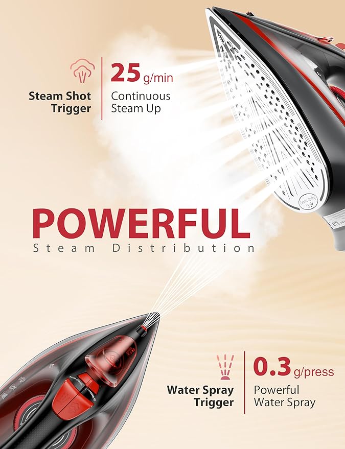 Steam Iron for Clothes, 3-Way Auto Shutoff, Ceramic-Coated Soleplate with Burst Steam, Anti-Drip and Anti-Calc, Self-Cleaning, 1500W Powerful for Home Use