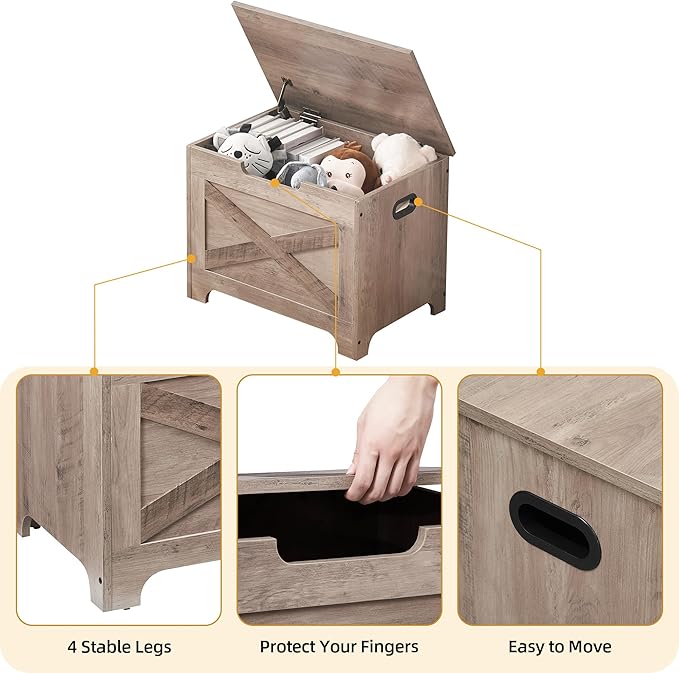 GAOMON Storage Chest, Wood Storage Bench with Seating and Safety Hinge, Entryway Bench with Storage, Farmhouse Storage Chest Trunk for Bedroom, Living Room, Grey