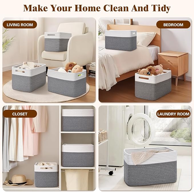 Storage Baskets for Organizing, 4 Pack Baskets for Shelves, Decorative Storage Bins for Shelves, Cotton Rope Storage Basket with Handles, Woven Basket for Storage, 13''Lx8.7''Wx7.9''H, White & Gray