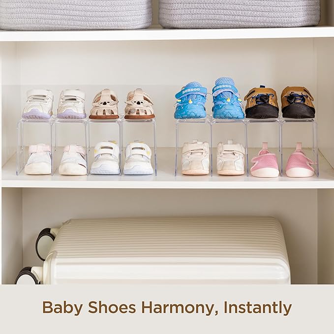 HBlife Clear Acrylic Kids Shoe Rack for Closet Organizers and Storage, Small Shoe Rack 4 Sections Toddler Baby Shoe Storage Organizer Stackable Shoe Shelf,Desk File Sorter Book Purse Organizer(4 Pack)