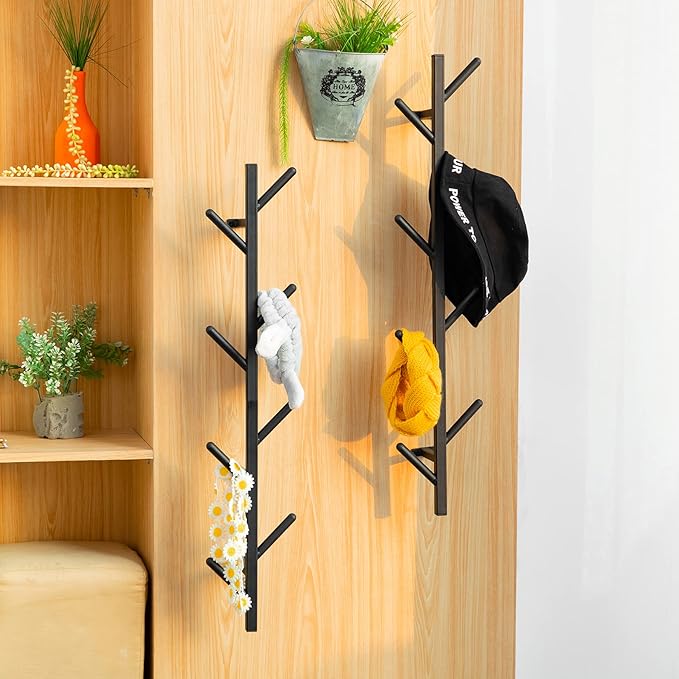 Modern Heavy Duty Coat Hanger Set of 2 - Wall Mount Hat Rack for Cowboy Hats, Baseball Caps & Jackets - Black Metal Coat Stand