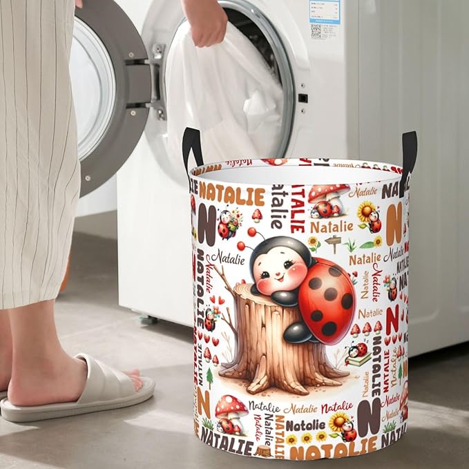 Personalized Ladybug Mushroom Laundry Basket For Baby Kids Boys Girls Adult Custom Hamper Basket With Name For Bathroom Bedrooms Collapsible Baby, Dirty Clothes Hamper With Handles