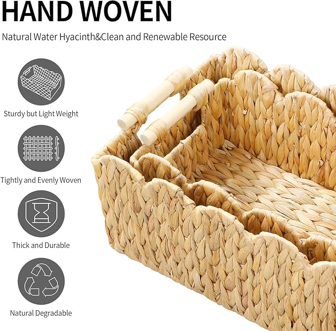 Scalloped Edge Wicker Basket,Hand-Woven Rattan Baskets with Wooden Handles,Natural Water Hyacinth Basket for Laundry,Shelves,Rectangular Set of 2