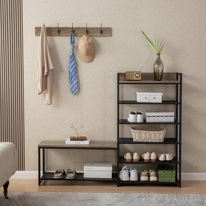 6-Tier Coat Rack Shoe Bench Set, Entryway Bench with 6 Hooks Coat Rack, Hall Tree and Shoe Storage for Entryway, Hallway, Garage, Bedroom (Vintage Grey)