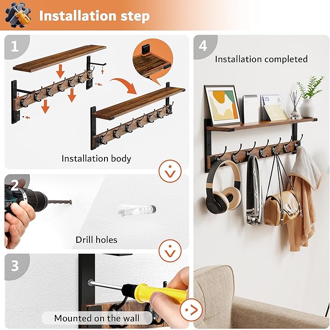 Wall Hooks with Shelf, 28.7 Inch Coat Rack Wall Mount with Hook for Coat Backpack Key Clothes Hanger, Wall Floating Shelf Hanging in Entryway, Living Room, Bathroom, Bedroom, Kitchen