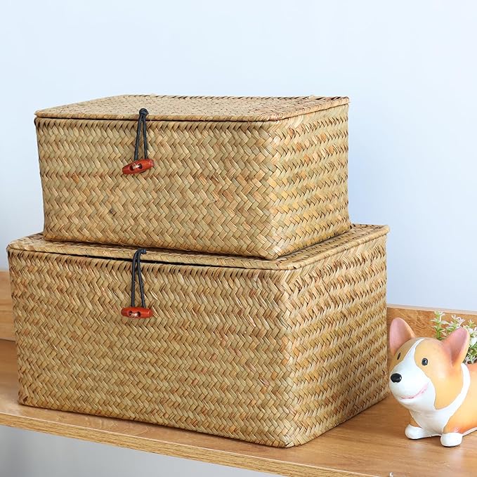 Wicker Shelf Baskets with Lid,Natural Seagrass Storage Basket Boxes Handwoven Rectangular Baskets Bins Multipurpose Home Organizer Decor (Small)
