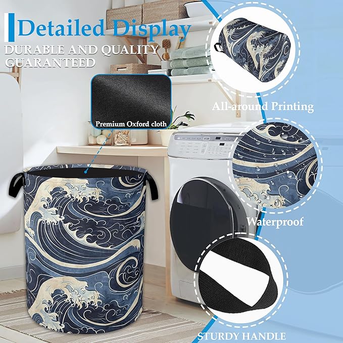 Vintage Sea Waves Large Storage Basket Collapsible Laundry Basket Oxford Storage Bin for Toy Bins Gift Baskets Bedroom Clothes Children Nursery Hamper 16" X 20.8"