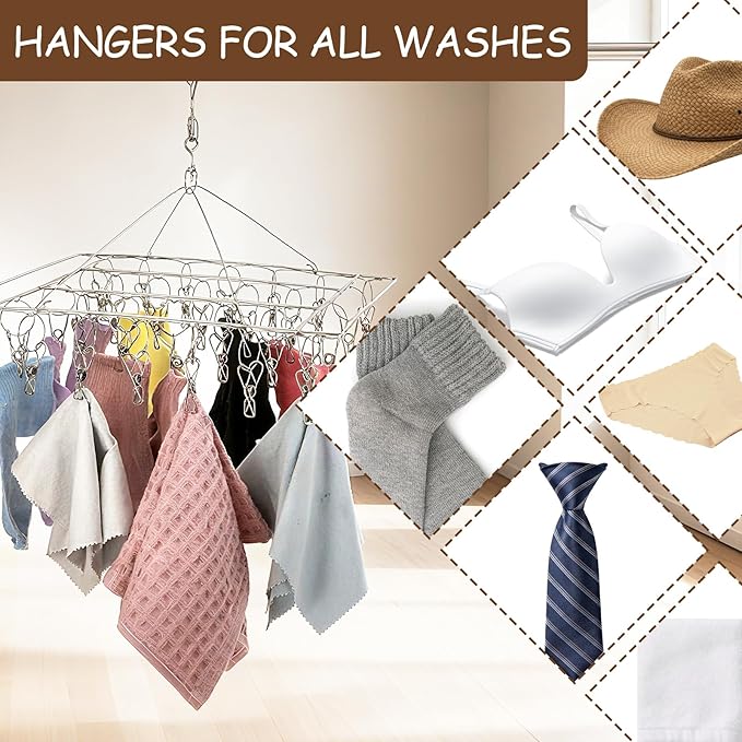 6 PCS Stainless Steel Hanging Drying Rack with 30 Hooks Clips, Swivel Hook Wind-Proof Clothes Sock Drying Hangers Laundry Accessories for Socks Bras Underwear Towel Hat Scarf Pants Gloves